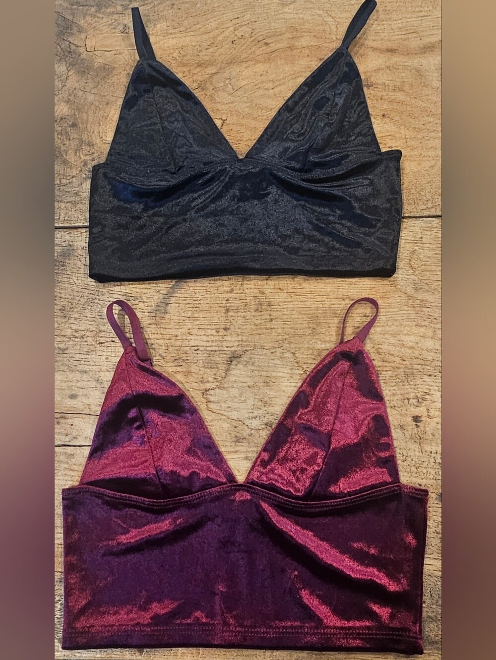 Garage Velvet Bralettes in Black and Burgundy